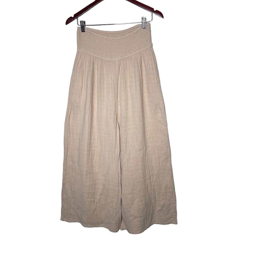 ANAAK Anneka Smocked Muslin Cotton‎ High Rise Wide Leg pants Cream Sz 2 US M